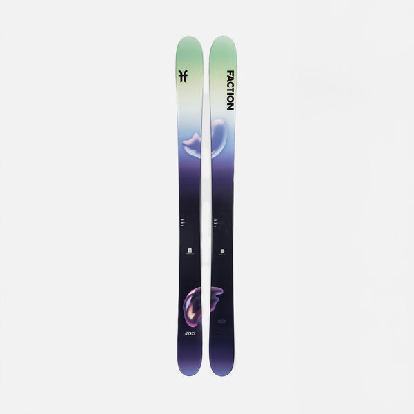 Topsheet of Faction Mana 3 Eg, green and purple limited edition ski on a grey background.