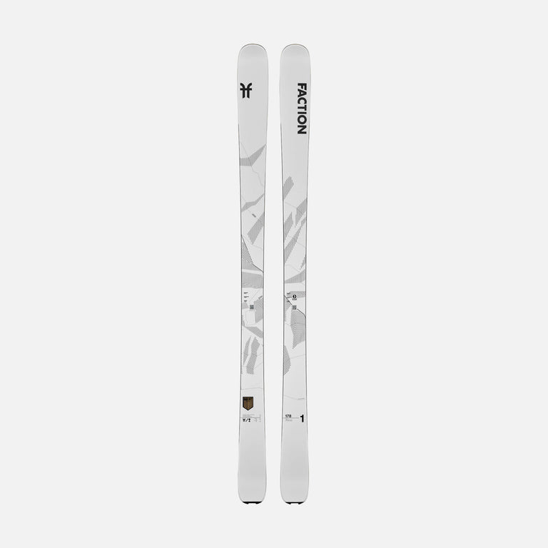 Topsheet of Faction Agent 1, white touring ski on a grey background.