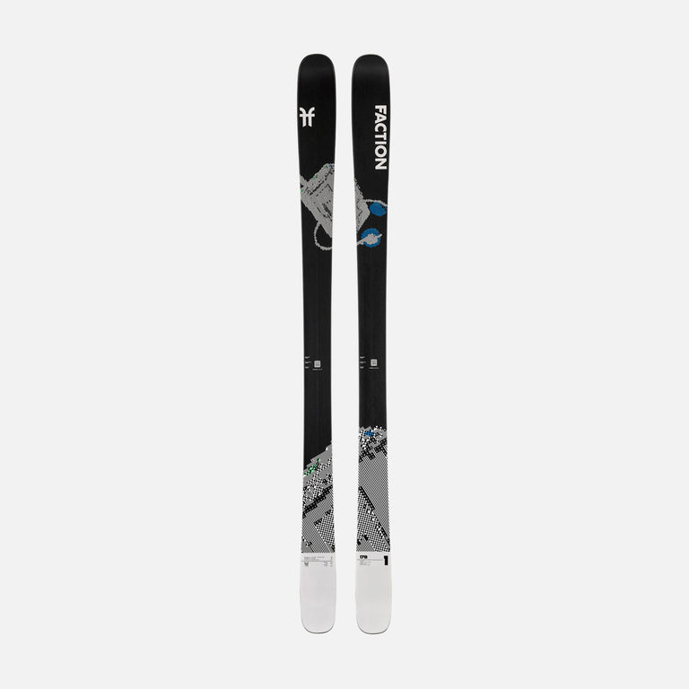 Topsheet of Faction Prodigy 1, black and white all-mountain ski on a grey background.