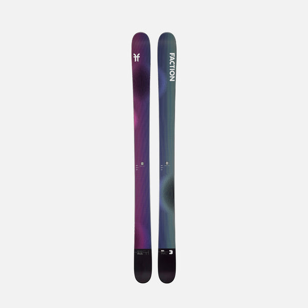 Topsheet of Faction Studio 3, purple and blue freeride ski on a grey background.